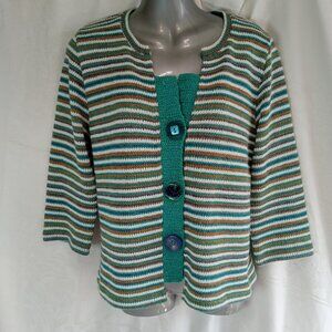 Per Una Sz Med Women's Cardigan Sweater Knit Striped Relaxed Arty Boho Green